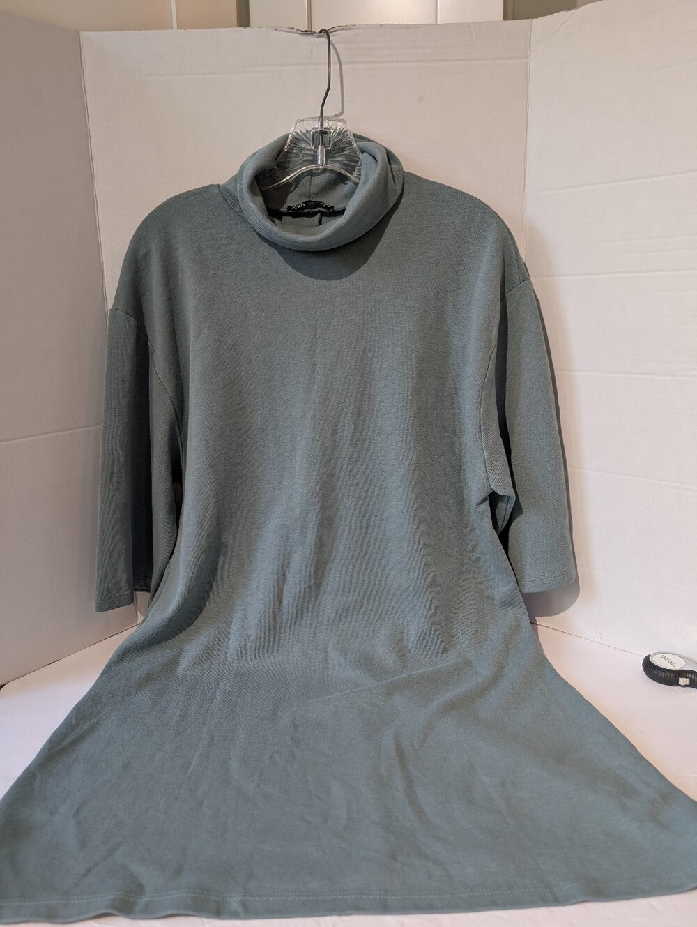 Zara Women's M Sage Green Cowl Neck Tunic Mini Dress 3/4 Sleeve